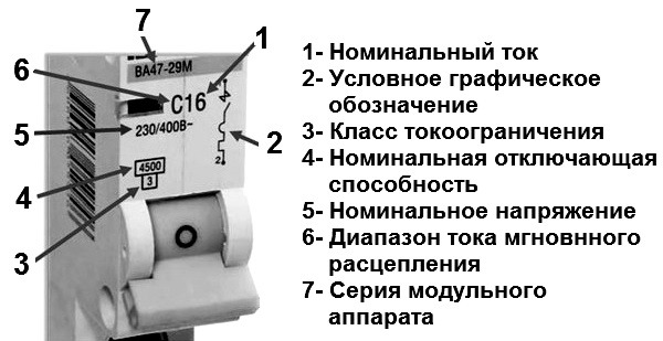 На кожному вимикачі стоїть маркування, яка дозволяє визначити основні параметри