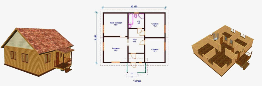 Це планування будинку 8х10 з профільованого бруса уміщає на першому поверсі все необхідне для життя: дві просторі спальні кімнати, велику кухню-їдальню, а також вітальню