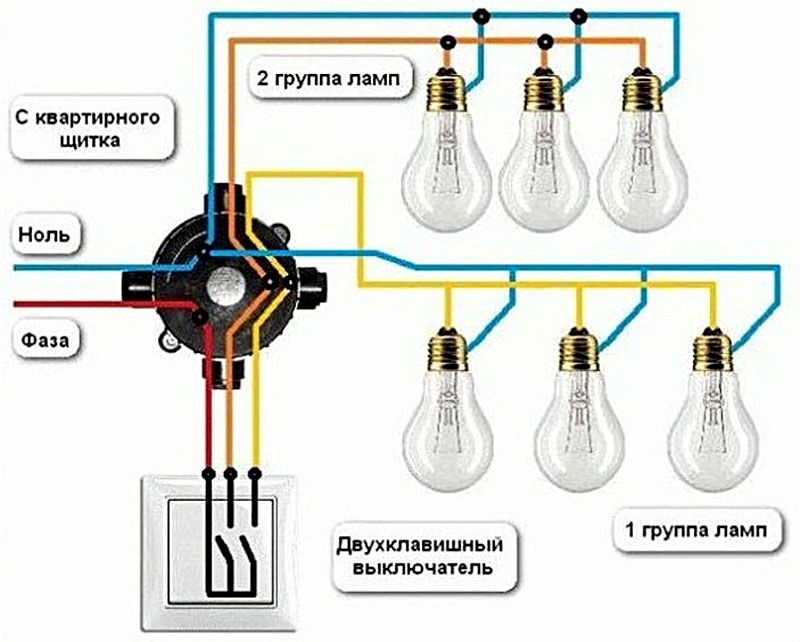 Схема підключення люстри до подвійного вимикача:
