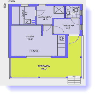Загальна площа менше, ніж в попередньому варіанті за рахунок того, що будинок одноповерховий, вона становить 29,5 м2, а житлова - 15,2м2